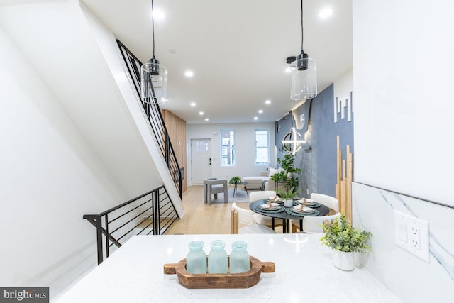 2074 E Birch St, Philadelphia, PA 19134 - dining room featuring recessed lighting, stairs, and wood finished floors
