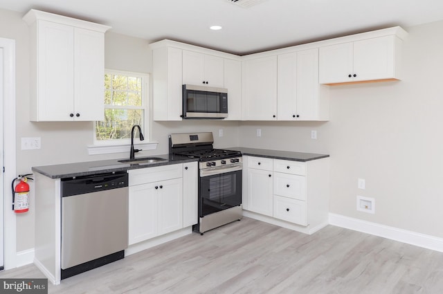 kitchen featuring light wood-type flooring, a sink, white cabinetry, and stainless steel appliances