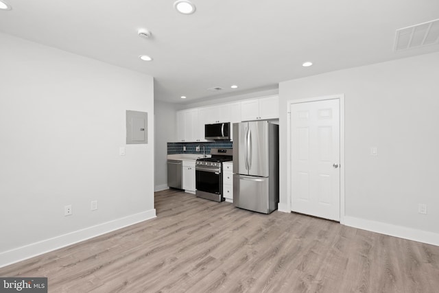 kitchen with electric panel, visible vents, white cabinets, stainless steel appliances, and recessed lighting