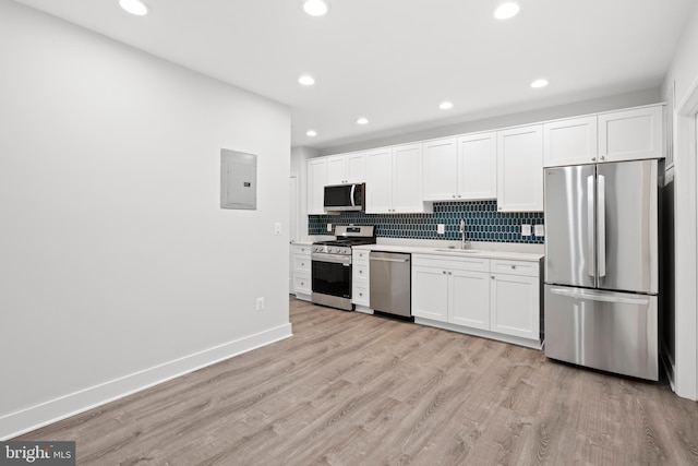 kitchen featuring white cabinets, appliances with stainless steel finishes, light wood-style floors, light countertops, and electric panel