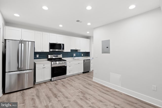kitchen featuring visible vents, light countertops, white cabinetry, electric panel, and appliances with stainless steel finishes