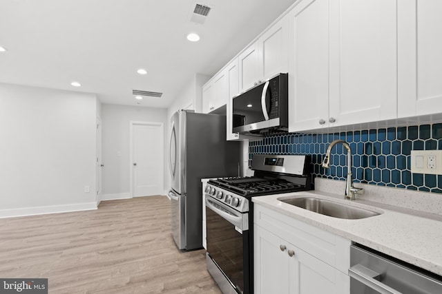 kitchen featuring backsplash, appliances with stainless steel finishes, a sink, white cabinets, and light wood finished floors