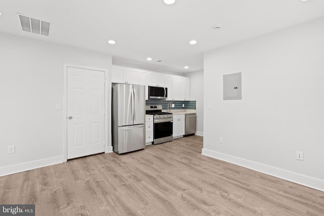 kitchen featuring visible vents, baseboards, white cabinetry, electric panel, and appliances with stainless steel finishes