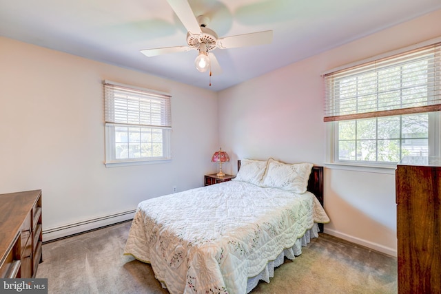 bedroom featuring baseboards, a baseboard radiator, carpet, and ceiling fan