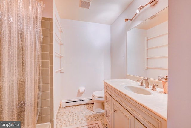 full bath with visible vents, baseboard heating, vanity, toilet, and a shower with shower curtain