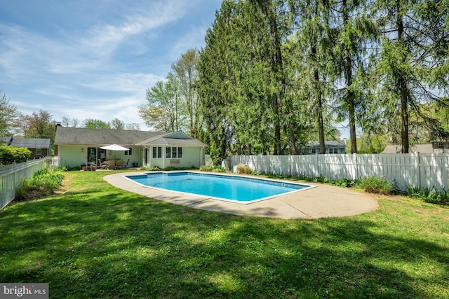 view of pool featuring a fenced in pool, a fenced backyard, and a yard