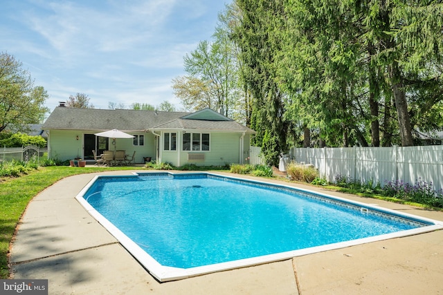 view of pool featuring a fenced in pool, a fenced backyard, and a patio area