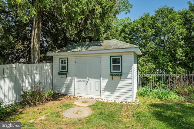 view of shed with a fenced backyard