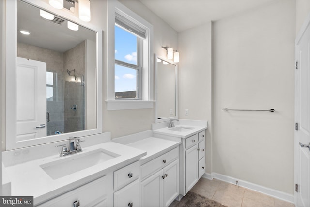 bathroom with tile patterned flooring, vanity, visible vents, baseboards, and a shower stall
