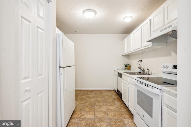 3203 Forest Run Dr, District Heights, MD 20747 - kitchen with under cabinet range hood, white appliances, a sink, light countertops, and white cabinets