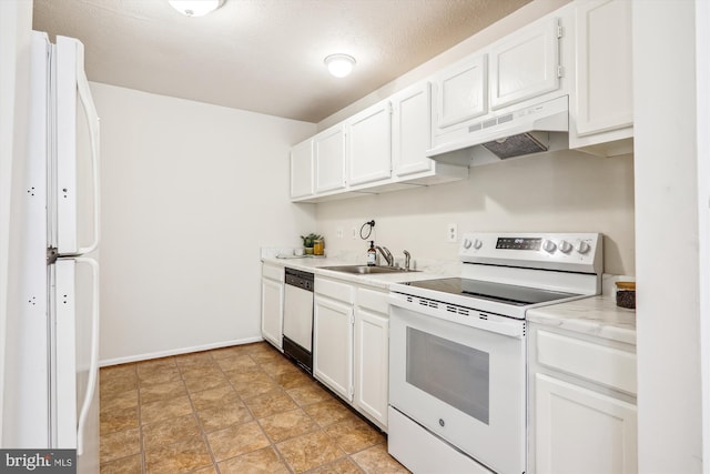 3203 Forest Run Dr, District Heights, MD 20747 - kitchen with a sink, white appliances, under cabinet range hood, light countertops, and white cabinets