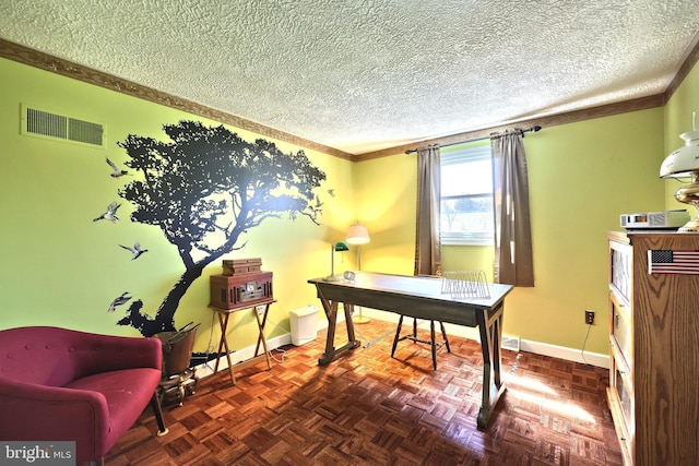 2042 Baltimore Pike, East Berlin, PA 17316 - office with crown molding, baseboards, a textured ceiling, and visible vents
