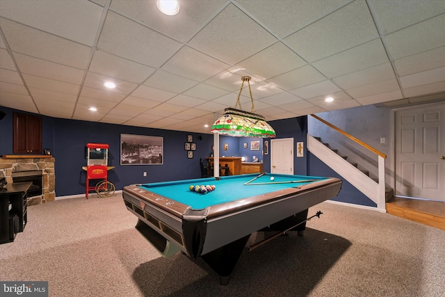 380 Bishop Hollow Rd, Newtown Square, PA 19073 - rec room featuring carpet flooring, recessed lighting, pool table, a paneled ceiling, and a fireplace
