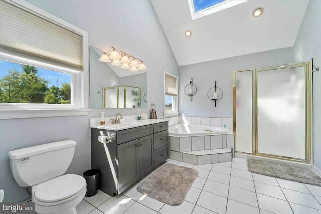 380 Bishop Hollow Rd, Newtown Square, PA 19073 - bathroom with a skylight, plenty of natural light, tile patterned flooring, lofted ceiling, and recessed lighting