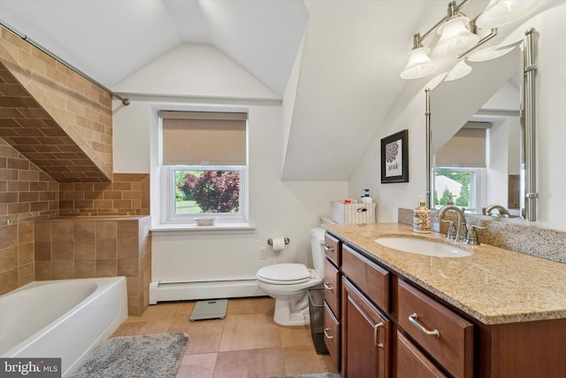 380 Bishop Hollow Rd, Newtown Square, PA 19073 - bathroom with a baseboard heating unit, plenty of natural light, lofted ceiling, toilet, and tile patterned floors