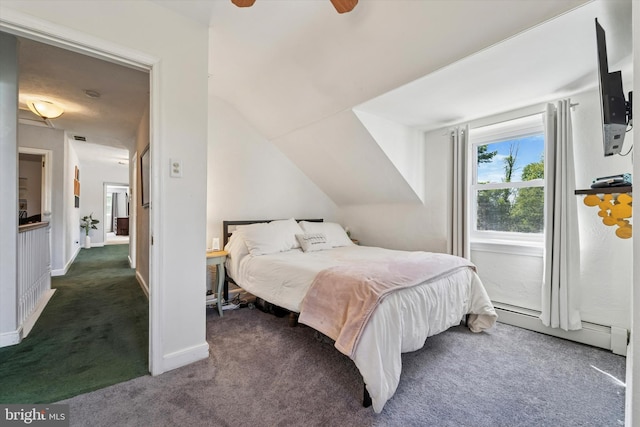 380 Bishop Hollow Rd, Newtown Square, PA 19073 - carpeted bedroom with baseboard heating, a ceiling fan, and lofted ceiling