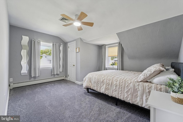 380 Bishop Hollow Rd, Newtown Square, PA 19073 - bedroom with a baseboard radiator, vaulted ceiling, baseboards, carpet, and ceiling fan