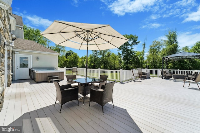 380 Bishop Hollow Rd, Newtown Square, PA 19073 - deck featuring a hot tub, a gazebo, outdoor dining space, and an outdoor living space