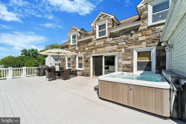 380 Bishop Hollow Rd, Newtown Square, PA 19073 - deck featuring a hot tub, a grill, and outdoor dining area