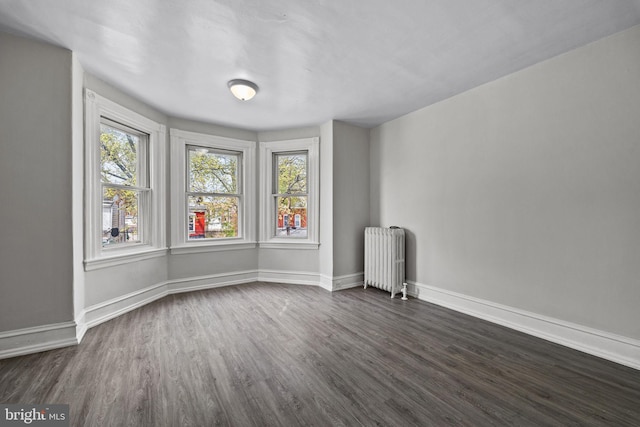 spare room featuring radiator, plenty of natural light, baseboards, and dark wood-style floors