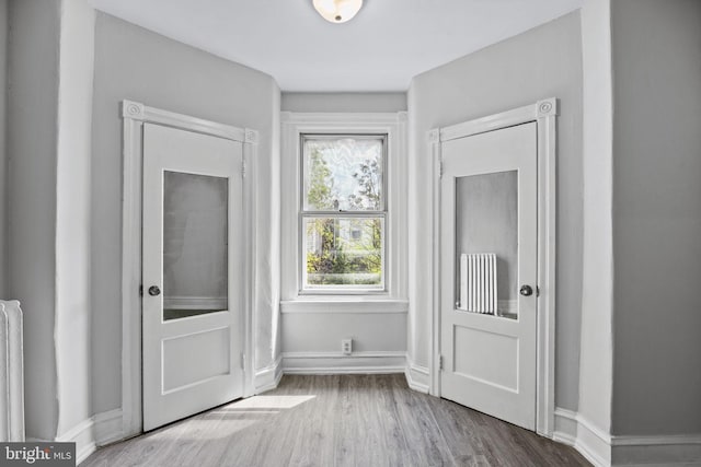 entryway with baseboards and wood finished floors