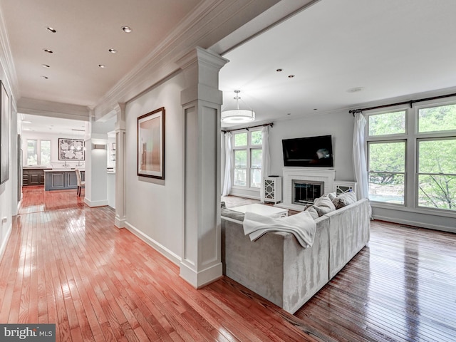 living room with crown molding, healthy amount of natural light, light wood-style flooring, a fireplace, and recessed lighting