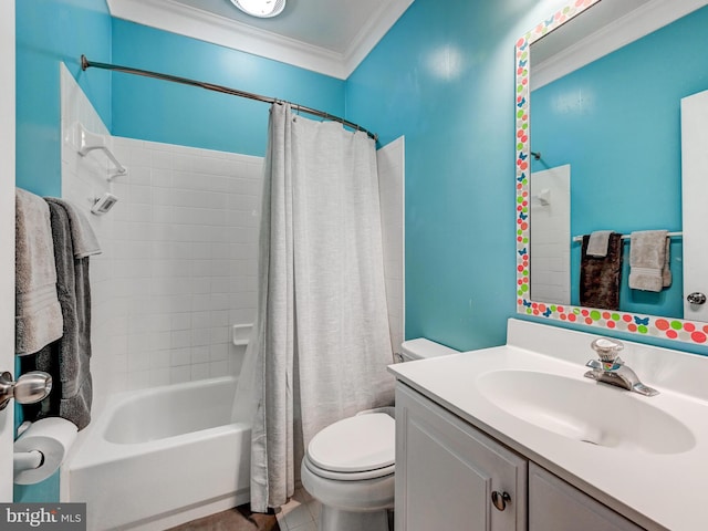bathroom with toilet, ornamental molding, shower / tub combo with curtain, vanity, and tile patterned floors
