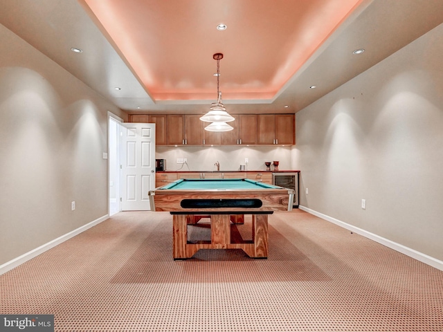 recreation room featuring light colored carpet, beverage cooler, baseboards, and recessed lighting