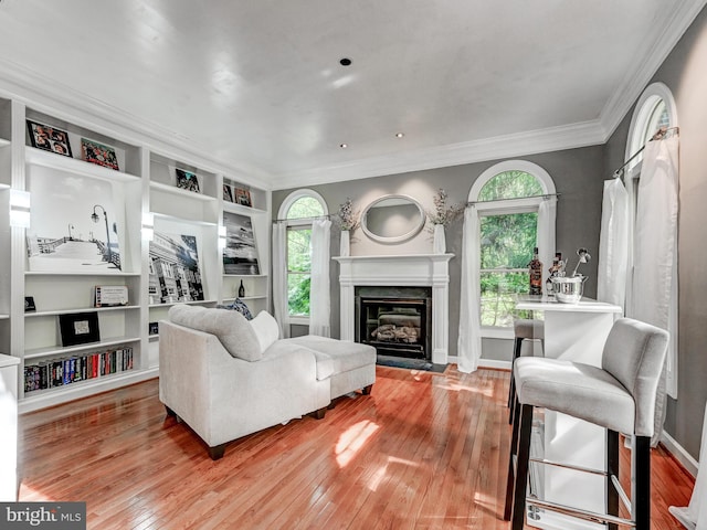 living area featuring ornamental molding, hardwood / wood-style floors, a fireplace, and baseboards