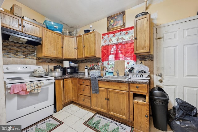 kitchen with white electric range oven, under cabinet range hood, black microwave, decorative backsplash, and a sink