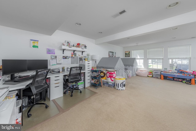 carpeted office featuring recessed lighting and visible vents