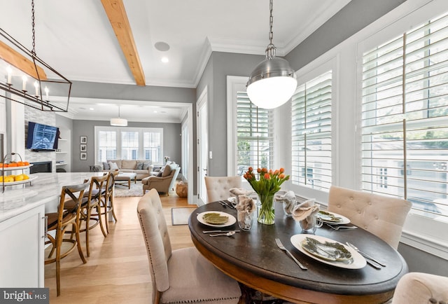 4416 Stanford St, Chevy Chase, MD 20815 - dining area with crown molding, light wood-type flooring, beamed ceiling, a chandelier, and recessed lighting