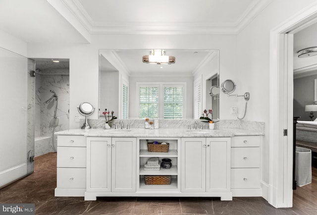 4416 Stanford St, Chevy Chase, MD 20815 - bathroom with a sink, double vanity, a marble finish shower, marble finish floor, and ornamental molding