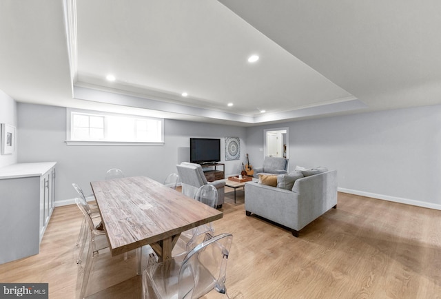 4416 Stanford St, Chevy Chase, MD 20815 - living room featuring recessed lighting, baseboards, a raised ceiling, and light wood-style floors