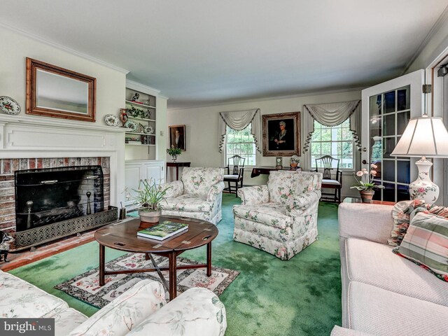 living area with carpet, crown molding, and a brick fireplace
