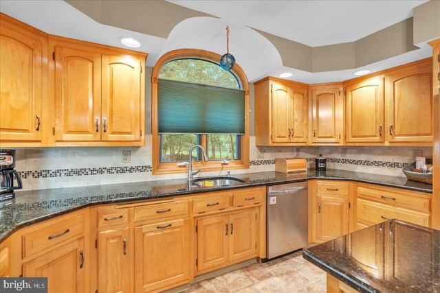 8 Winchester Ct, Tabernacle, NJ 08088 - kitchen with dishwasher, dark stone countertops, a sink, tasteful backsplash, and recessed lighting