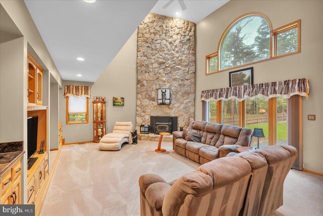 8 Winchester Ct, Tabernacle, NJ 08088 - living room featuring light carpet, a high ceiling, baseboards, and plenty of natural light
