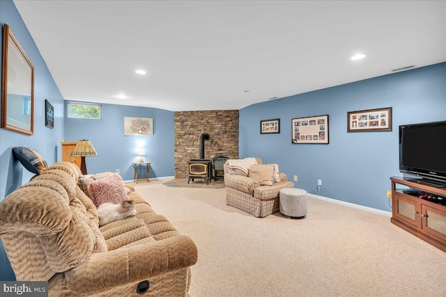 8 Winchester Ct, Tabernacle, NJ 08088 - living room featuring carpet, a wood stove, recessed lighting, and baseboards