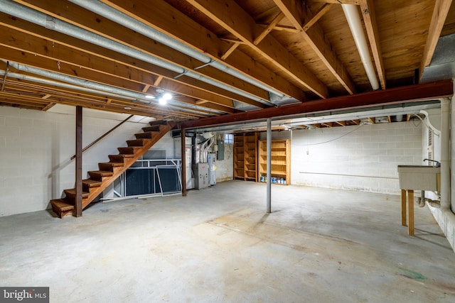 1114 Colonial Rd, Lancaster, PA 17603 - unfinished basement featuring stairs, electric panel, electric water heater, a sink, and concrete block wall