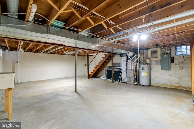 1114 Colonial Rd, Lancaster, PA 17603 - below grade area with electric panel, concrete block wall, water heater, heating unit, and stairs