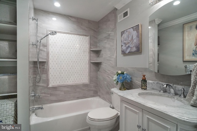 full bath with vanity, shower / bathtub combination, toilet, visible vents, and ornamental molding