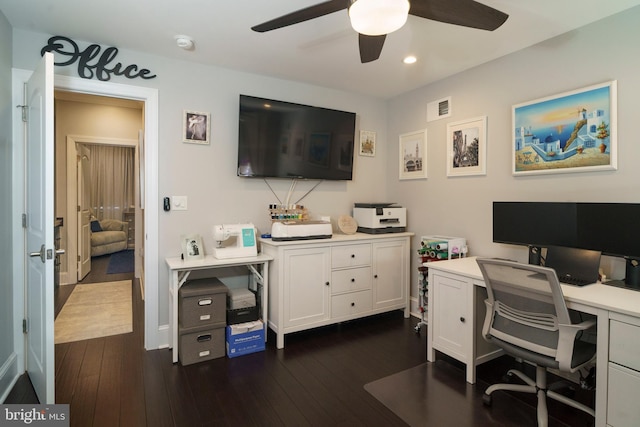 office with recessed lighting, ceiling fan, visible vents, and dark wood-style floors