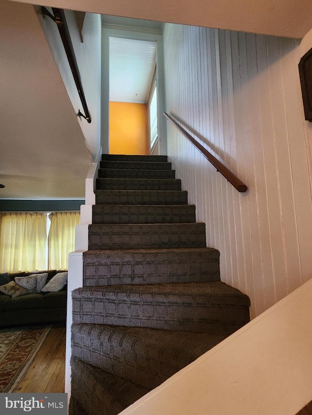 stairs featuring wood walls and hardwood / wood-style floors