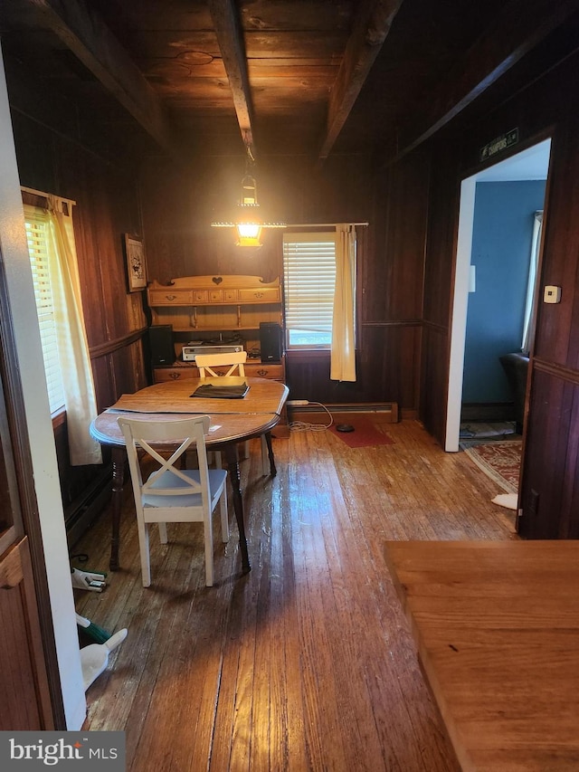 dining space with wooden walls, wooden ceiling, beamed ceiling, and wood-type flooring