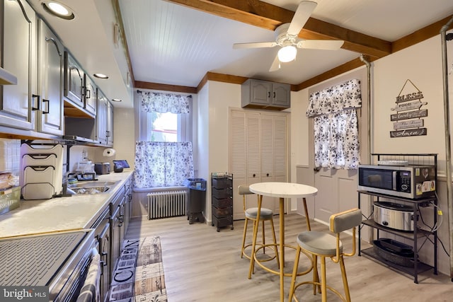 731 Locust St, Columbia, PA 17512 - kitchen with beam ceiling, radiator heating unit, light countertops, stainless steel microwave, and light wood finished floors