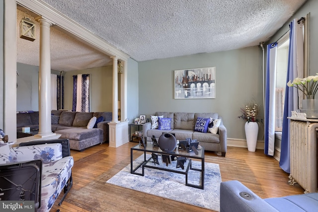 731 Locust St, Columbia, PA 17512 - living area featuring wood-type flooring, ornate columns, and a textured ceiling