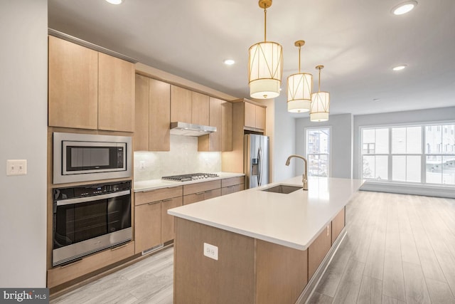22894 Copper Tree Ter, Ashburn, VA 20148 - kitchen featuring stainless steel appliances, light brown cabinets, a sink, and light wood-type flooring