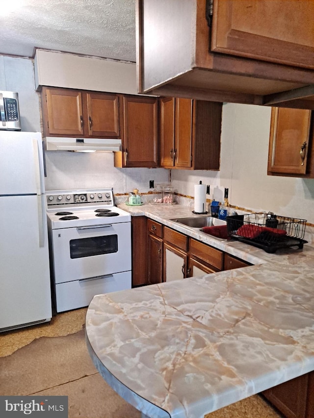 kitchen featuring a peninsula, white appliances, light countertops, under cabinet range hood, and brown cabinets