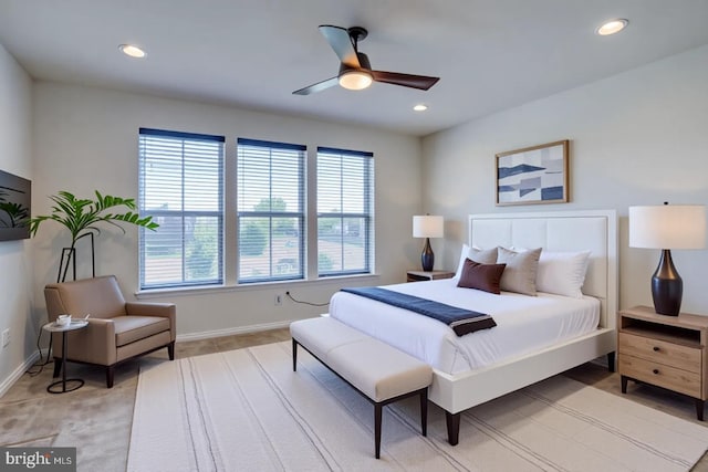 bedroom featuring recessed lighting, baseboards, and ceiling fan
