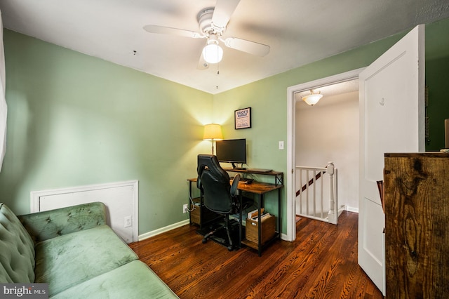 office with baseboards, ceiling fan, and wood finished floors